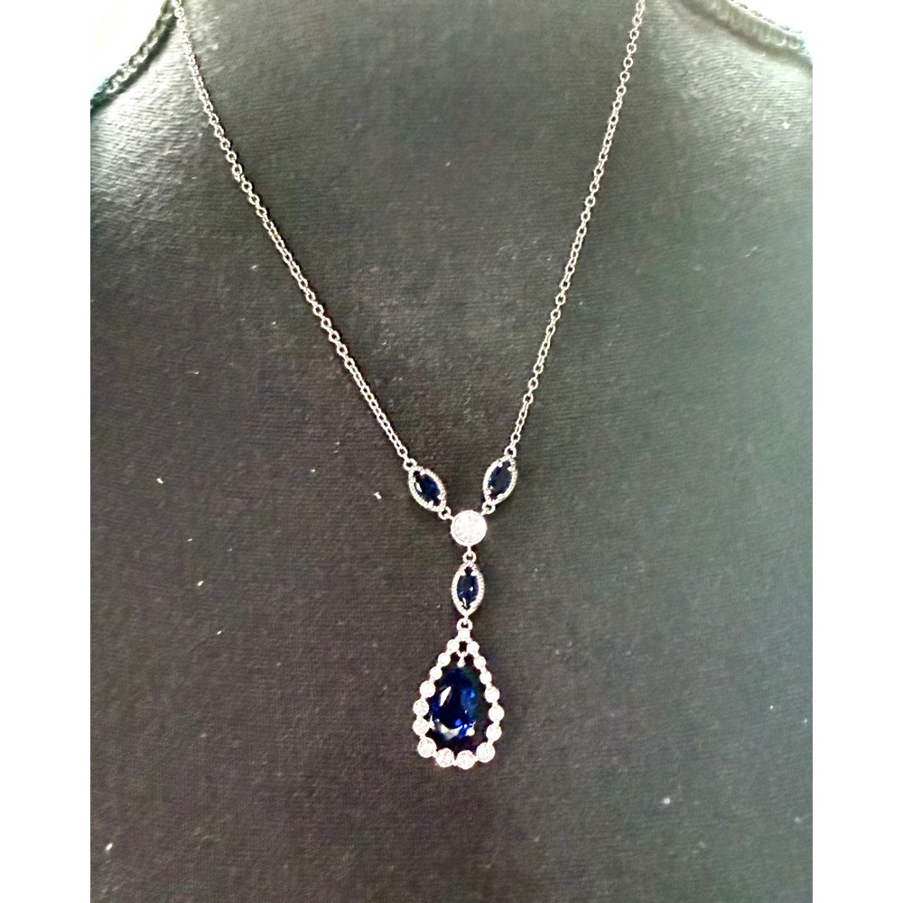 Carolee Blue Crystal Teardrop Necklace Rhinestone Silver Tone 20"